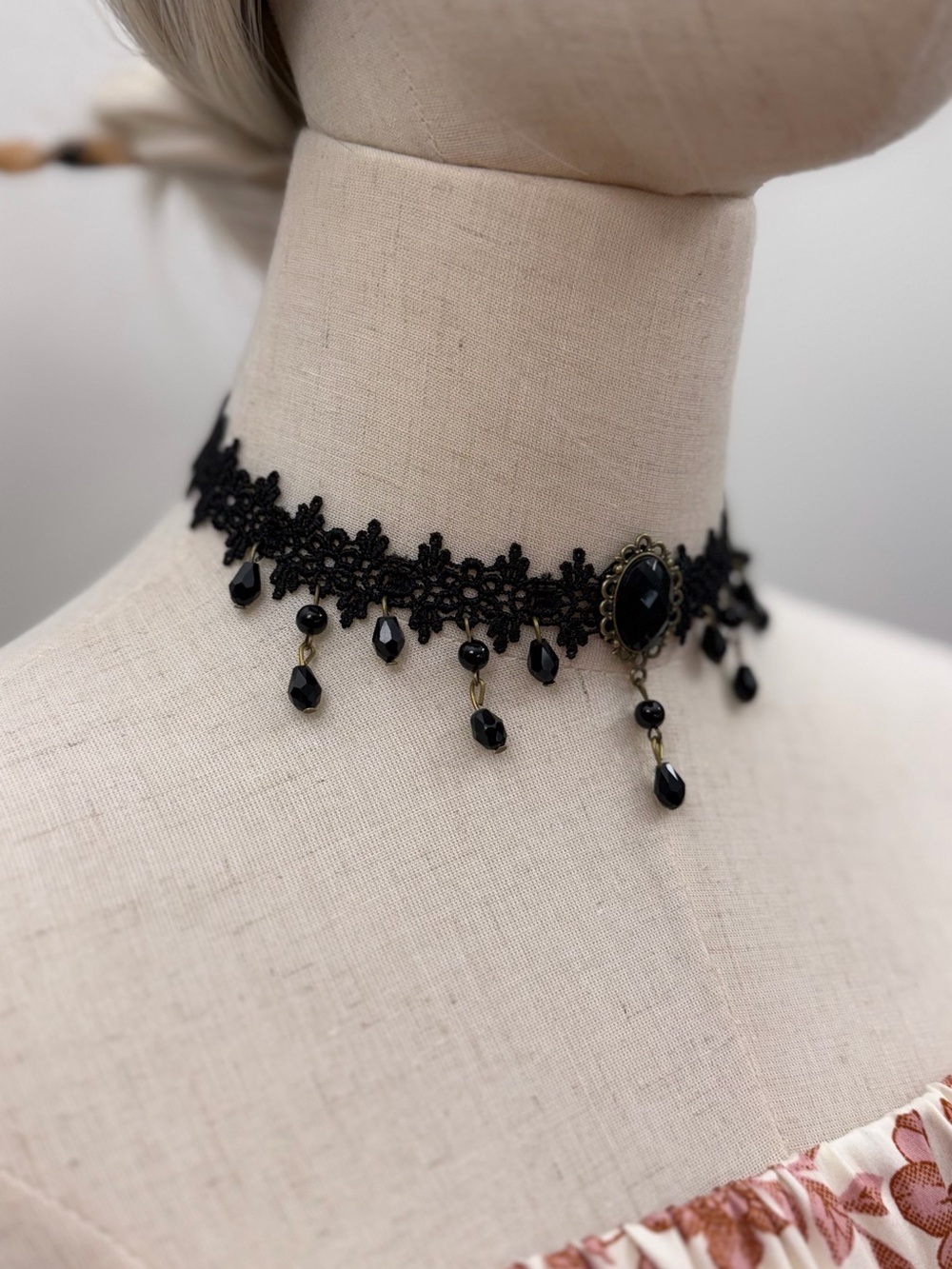 Black Gothic Lace Choker Necklace Victorian Lace Choker with Black Crystal - Picture 2 of 4